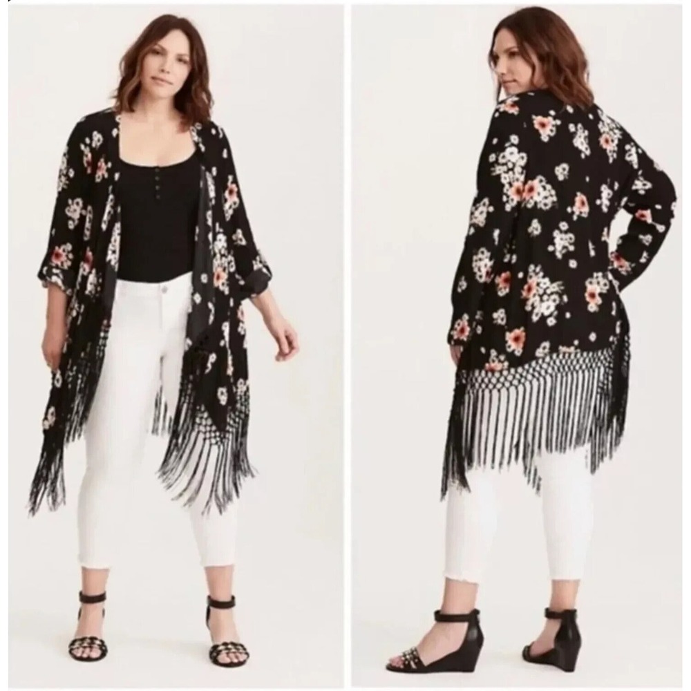 TORRID Womens‎ Sz 2 (2X/18-20) Floral Print Crepe Fringe Kimono Open Front Boho